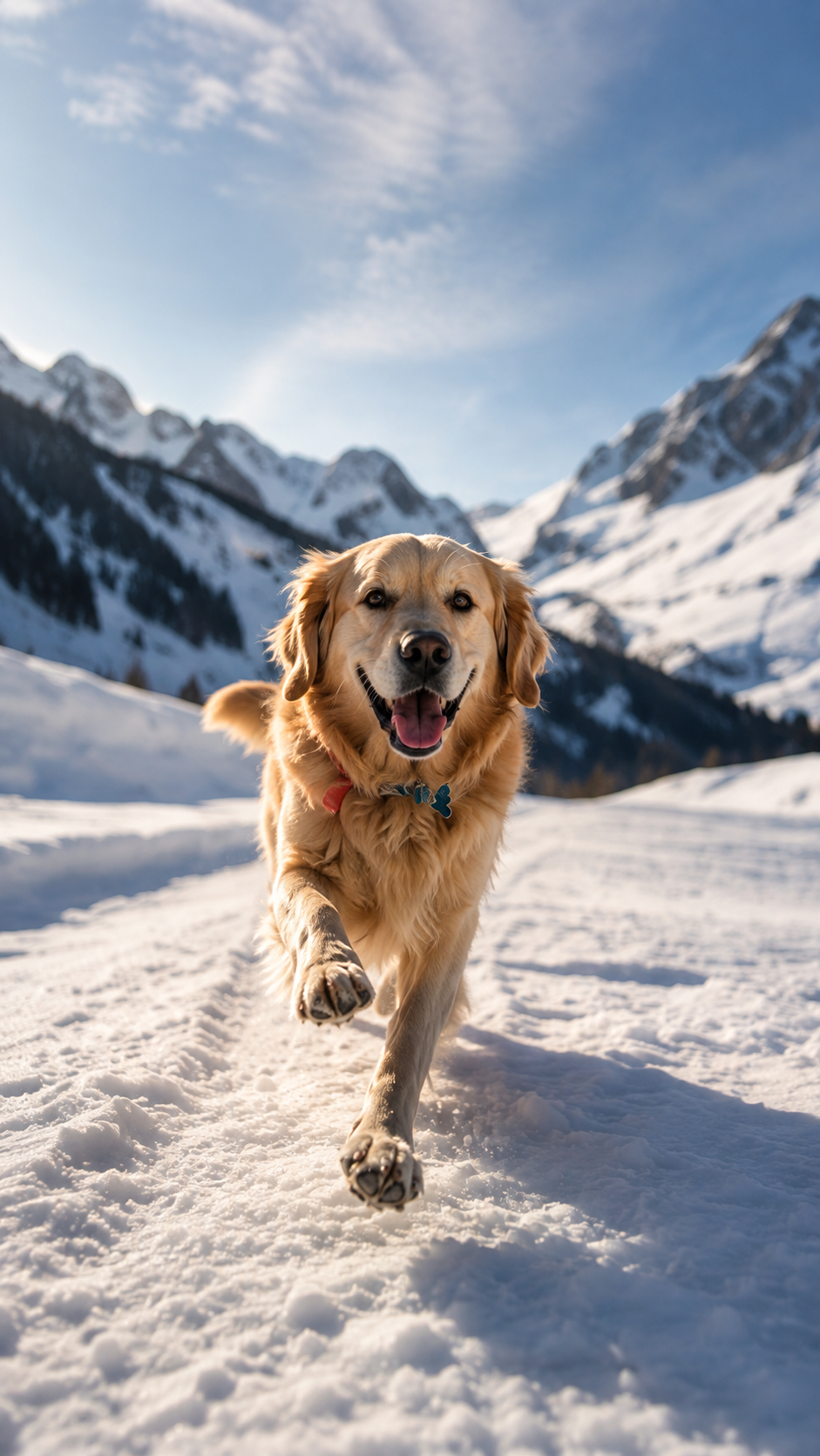 Golden retriever courant sur un chemin enneigé face aux montagnes