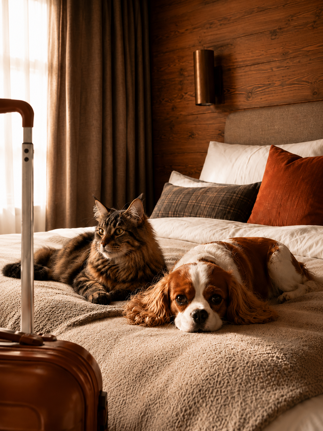 Un chat et un Cavalier King Charles installés sur un lit de chalet alpin, à côté d’une valise prête au départ