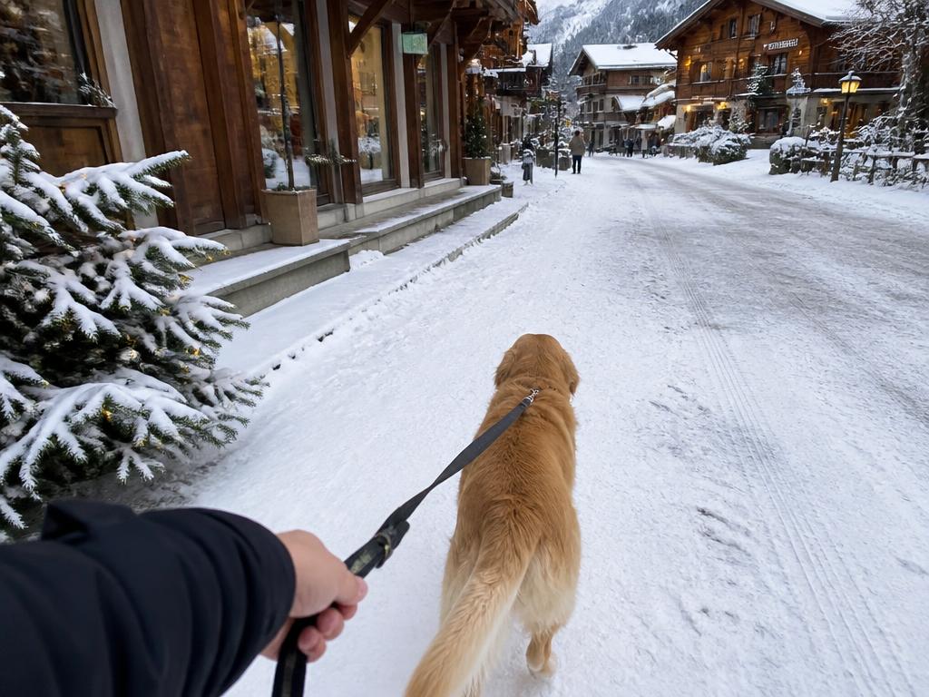 Promenade du golden retriever dans les rues enneigées de Megève