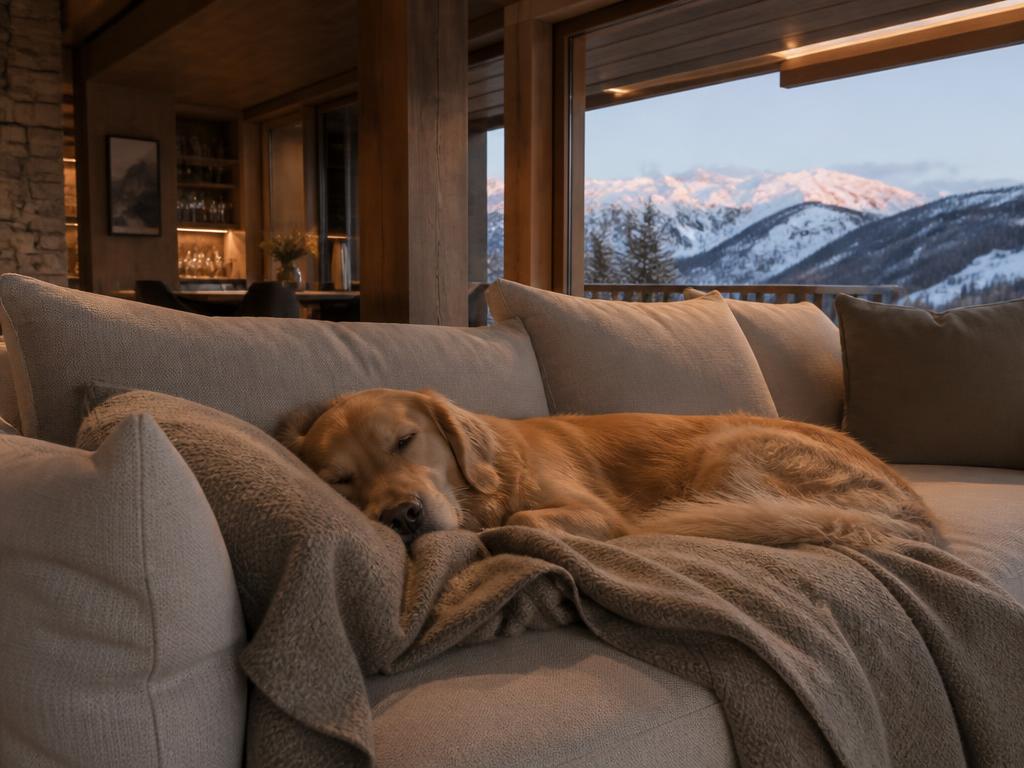 Golden retriever couché sur le canapé face aux montagnes