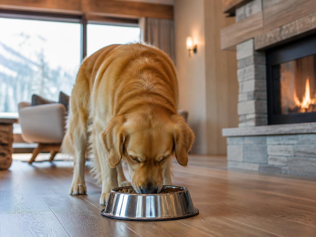 Golden retriever prenant son repas dans le chalet de Megève